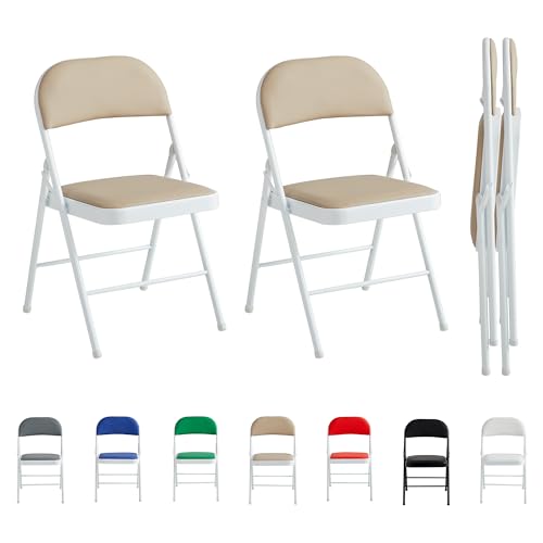 mcc direct Set of 2 Folding Chairs Faux Leather Foldable Chairs with Metal Frame and Padded Seat Easy to Fold and Store for Home Office Dining and Reception (Beige)