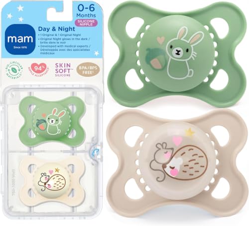 Image of MAM Original Baby Pacifiers 0-6 Months,Binky for Newborn Babies,BPA-Free Skin Soft Silicone Nipple,Glows in The Dark,Developed with Medical Experts,Sterilizer Case,Made in Europe,2 Count (Pack of 12)