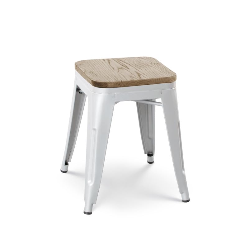 Kosmi Tabouret en métal Blanc Mat Style Industriel et Assise en Bois Clair - sans Dossier - Hauteur 46 cm