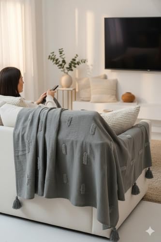 Image of HAKAM Cotton Throw Blanket with Macrame Tassels for 3 Seater Sofa | Ideal for Your Home, Living Room, Sofa, Bed, Chair, Picnic & Used for Gift - 50X70 inch | (Grey, Small Single)