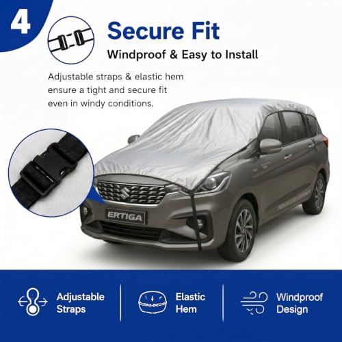 Image of Pivalo Half Car Body Cover for MUV Cars (All Models & Years) | 100% Waterproof Outdoor UV & Heat All Weather Protection | Triple Stitched 3 Layer with Adjustable Straps Cover (Reflective Silver)