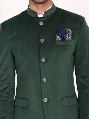 Image of MANQ Men Slim Fit Bandhgala Velvet Blazer - Mandarin Collar, Button Closure, Long Sleeves, Solid Ethnic Winter Wear with Three Pockets for Adults