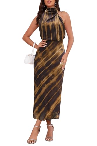 Image of Women's Satin Maxi Dress Summer Formal Wedding Guest Cocktail Dress | Mock Neck Sleeveless,Elegant Silk Midi Long Dress,High Neck,Halter,Aline,Bridesmaid,Bridal Shower Guest,Garden Party,Dinner