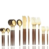 Juego de cubiertos de acero inoxidable dorado de 20 piezas con asas de madera, apto para 4 personas, cubiertos de cena para el hogar y banquete