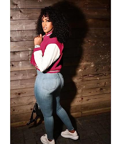 Image of Mintsnow Womens Varsity Jacket Open Front Long Sleeve Cropped Baseball Coat Casual Button Up Bomber Jackets Rose Red M