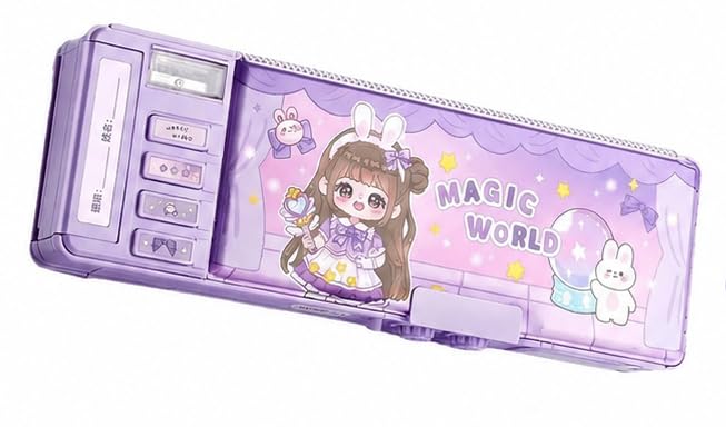 Hunaysa Plastic Magical World Password Lock Double Sided Compass Box for Kids, Pencil Case for Boys & Girls, Aesthetic Stationary Items, Themed Pencil Case Return Gifts, Multicolor Purple-image-36