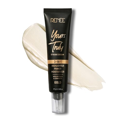 Image of RENEE Yours Truly Strobe Cream for Face | 3 in 1 Highlighter Primer Moisturiser | Glow Cream, Lightweight, Non Sticky | Hydrating Dewy Skin Finish With Peptides | For All Skin Types | Gold - 30g