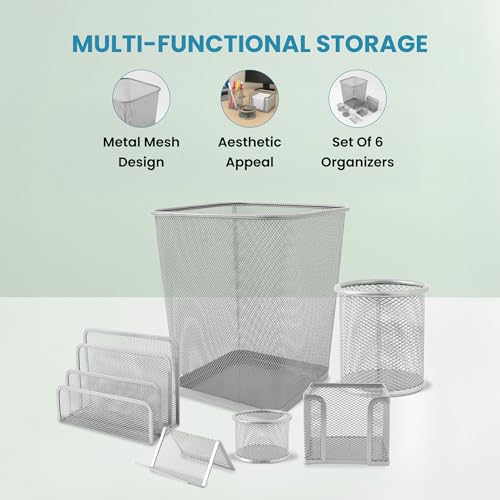 Image of The Better Home Set of 6 Desk Organisers | Paper /File Pen /Pencil Brush Clip Business Card Holders | Rust-Free Metal Mesh Design | Multipurpose | Includes Dustbin | Powder Coated Plastic