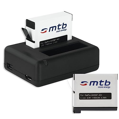 Cargador para dos baterías (Corriente/USB) + 2x Baterías AHDBT 401 [Li Ion   3.8V / 1160mAh] para GoPro Hero4 Black, Silver, Surf & Music Edition