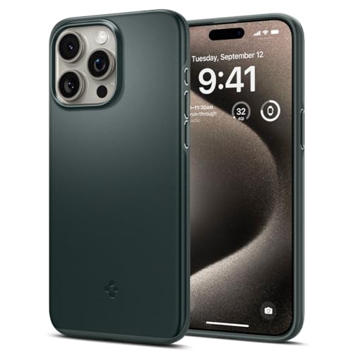 Image of Spigen Thin Fit Back Cover Case for iPhone 15 Pro Max, Durable Protection, Slim Frame - Polycarbonate + TPU | Abyss Green