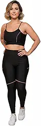 Conjunto Esportivo Feminino Slim, Top e Legging Preta com Detalhes em Linha, Roupa de Academia para Treino e Fitness