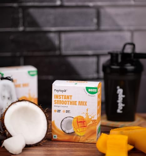 Image of Poptopia Mango Coconut Smoothie Mix | Smoothie CHAMP | No Added Preservatives or Colors | A Quick, Nutritious, and Delicious drink | All Natural, 0% Sugar | Pack of 5 = 125gms = ~1Litre Fresh Smoothie | Ready in 15 seconds | 100% Vegan & Gluten free