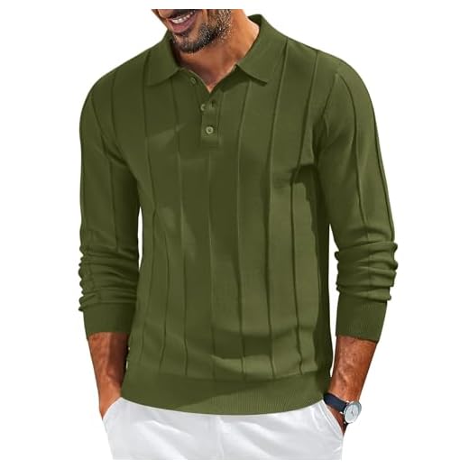COOFANDY Mens Sweater Polo Knitted Ribbed Long Sleeve Casual Button Dress Pullover Sweaters Fashion Business Fall Clothes 2025 Army Green