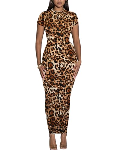 Image of Women's Long Bodycon Dresses Leopard Print Casual Maxi Club Party Tight Dress Short Sleeve