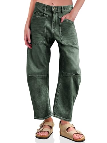 PLNOTME Womens Baggy Barrel Horseshoe Jeans High Waisted Wide Leg Vintage Denim Pants with Front Pockets