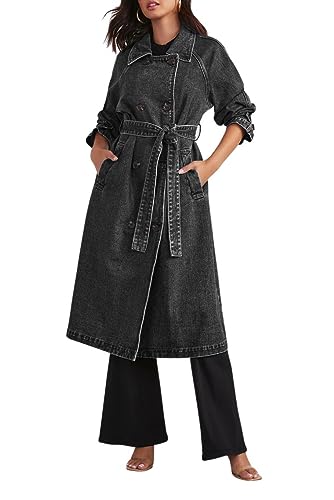 ELFTOWN Women's Double Breasted Lapel Belted Maxi Long Denim
