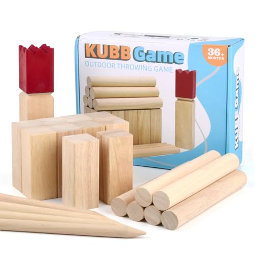 BOPEUY Wikingerschach Holz Outdoor, Kubb Spiel Holz Rasenschach, Wikinger Spiel Kubb Wikingerschach Schwedenschach für Kinder Erwachsene Outdoor Spiele