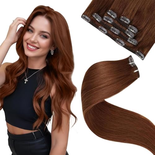 LaaVoo Clip in Hair Extensions Real Human Hair Auburn Brown
