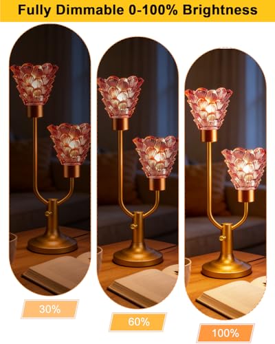 Image of Lightdot Mid Century Modern Glass Table Lamp Dimmable Vintage Pink Lamp | Nightstand Lamp Gold Desk Lamp 2 Bulbs Included 3000K Warmwhite Ambient Bedside Lamps for Bedroom Living Room Home Decor Gift