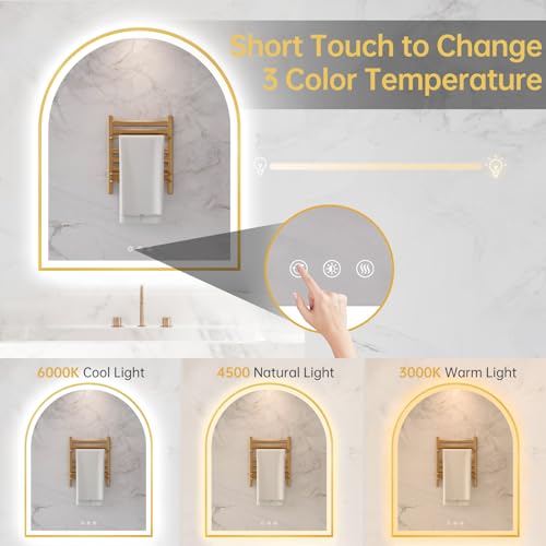 Image of 30 inchx36 inch Arched LED Mirror for Bathroom, Brushed Gold Lighted Bathroom Mirror with Lights, Fogless, Dimmable, Shatterproof, Touch Sensor, 3 Color Changing