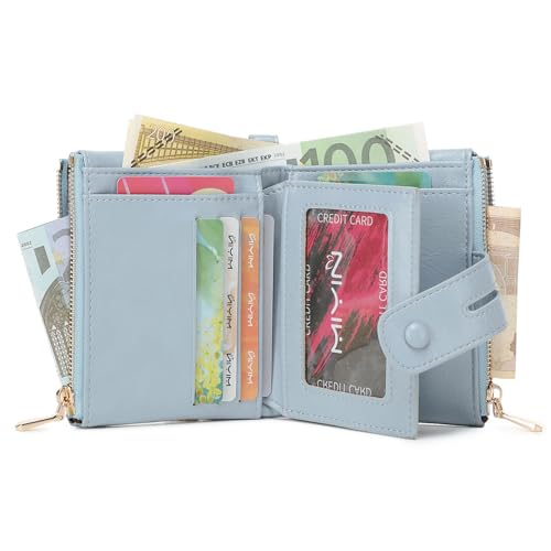 Image of AOXONEL Wallets for Women Small Rfid Bifold Leather Ladies Wallet,Travel Billfolds Medium Size Card Holder with Removable Wristlet Chain,Multi-Card Slots,ID Window,Double Zipper Coin Pocket (Blue)