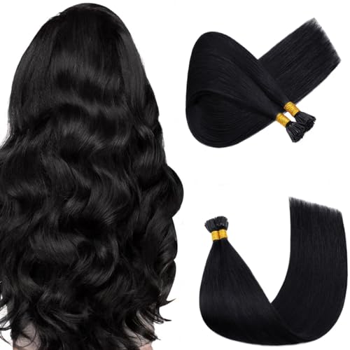 100 Strands/Pack I Tip Remy Human Hair Extensions Pre Bonded Keratin Stick In Hair Extensions Cold Fusion Hair Piece For Women Long Straight #1 Jet Black 22'' 50g