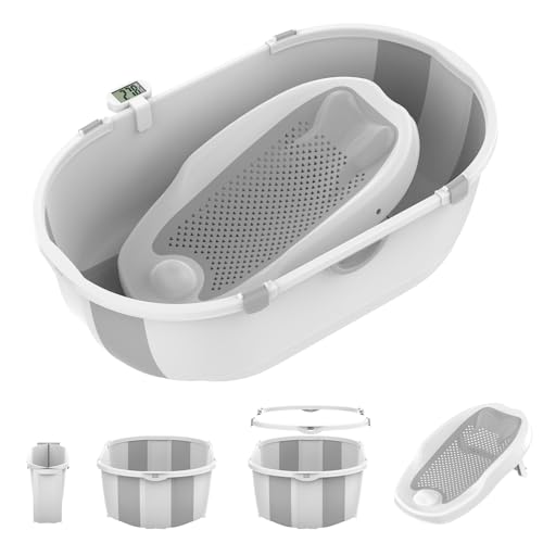 Image of Collapsible Baby Bathtub with Bath Stand,Baby Bath Tub with Thermometer and Drain Outlet, Durable and Essential Baby Bathtub, Suitable for Babies from 0-5 Years Old to Toddlers(Grey)