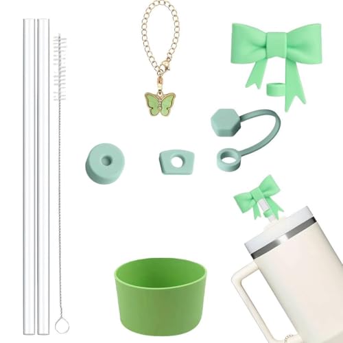 OMIWIN 9Pcs Stanley Cup Accessories Set Includes Straw Topper Bow Cap Handle Grip Charm Bottom Boot Sleeve 2 Reusable Straws & Brush Fits 30oz 40oz Stanley Tumbler (Green Bow)