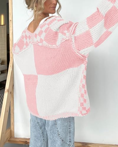 Image of BTFBM Casual Cardigan Sweater for Women Fall 2026 Long Sleeve Open Front Chunky Knit Sweaters Checkered Outwear Coat