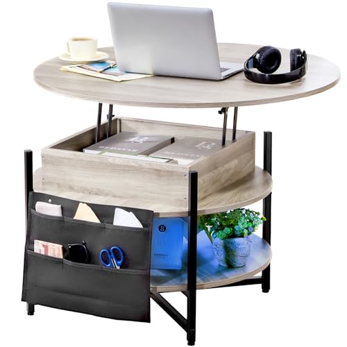 VEVOR Mesa de Centro con Tapa Elevable 900x900x510 mm Mesa de Café Redonda para Salón con Bolsillos de Almacenamiento Adicionales Capacidad de 50 kg Mesita de Centro Emergente para Salón, Gris Oscuro