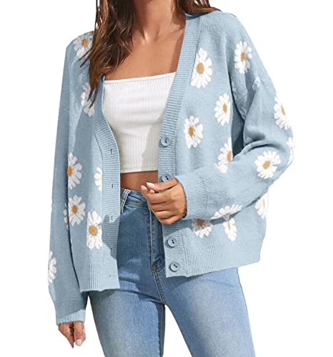 EbifinWomen's Floral Print Cardigan Long Sleeve Open Front Button Down V Neck Knitted Sweaters