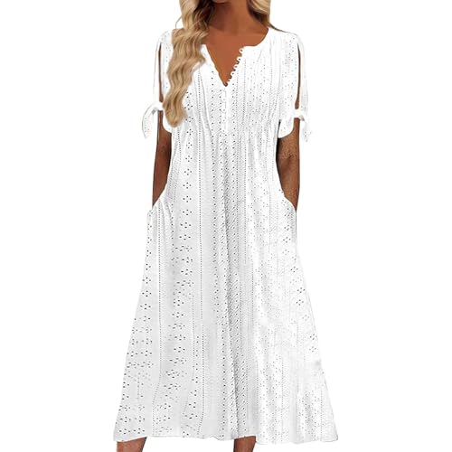 nnOuOnn Summer Maxi Dresses for Women UK 2026 Boho Casual Elegant Ladies Dress Fashion Floral V-Neck Button Short Sleeve with Pockets Sundress Beach Vacation Party Holiday (M White)
