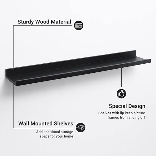 Image of Wooden Floating Wall Shelves Set of 3 for Living Room & Bedroom | Modern Wall Mounted Display Rack for Decor, Photo Frames, Plants & Storage (Black, 35 Inch)