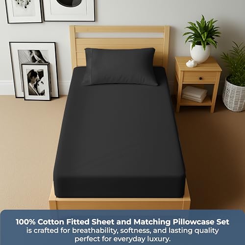 Image of Royale Linens Fitted Sheet With Pillowcase - Twin Fitted Sheets With 1 Pillowcase - 300 Thread Count 100% Organic Cotton - Fit Mattress Up to 18 inch Deep - Ultra Soft & Breathable - Black (No Flat Sheet)