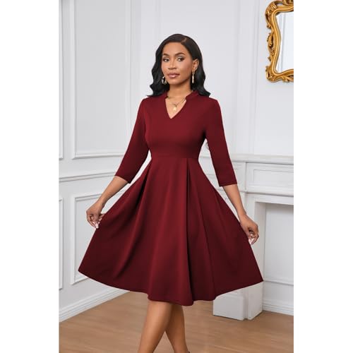 Max2co Midi Dresses for Women Semi Formal Fit and Flare A-Line Swing Dress 3/4 Sleeve Church Cocktail Dress with Pockets2