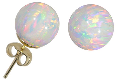 14k Yellow Gold Created Opal Fiery White Round Stud Earrings