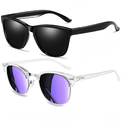 Joopin Black Square & Semi Rimless Mirror Purple Sunglasses Bundle,