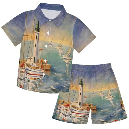 Image of visesunny Funny Boy's 2 Pieces Shirt and Short Set Casual Shirts Short Sleeve Beach Shorts Summer Outfits for 3-10 Years Kids