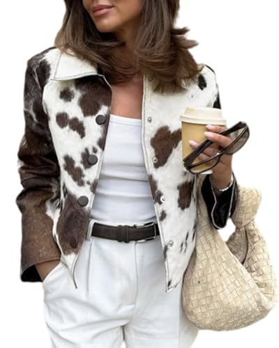 NIFTRIRY Button Down Cow Print Truncker Jacket Women Winter Coat Womens Fleece Jacket