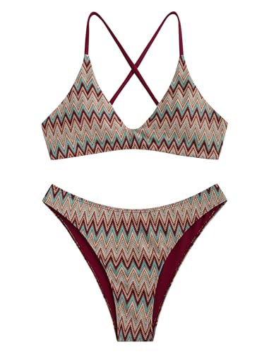 Image of ZAFUL Women's Tie Back Padded High Cut Bralette Bikini Set Two Piece Swimsuit