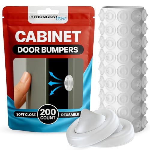Image of STRONGEST HOME Cabinet Door Bumper 200 Pack Clear Rubber - Self Adhesive Stoppers for Quiet Close Protection - Drawer Pads for Furniture and Surface Cushioning - 0.5 x 0.2 Inch