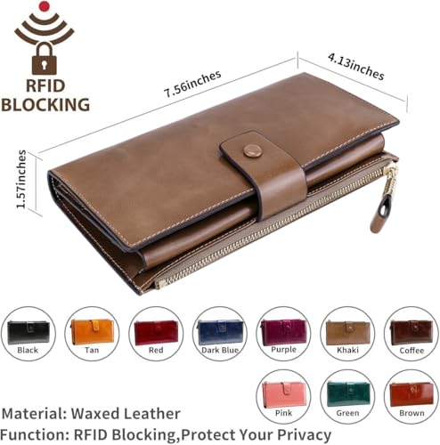 Image of Itslife Women's RFID Blocking Large Capacity Luxury Wax Genuine Leather Clutch Wallet Ladies Card holder