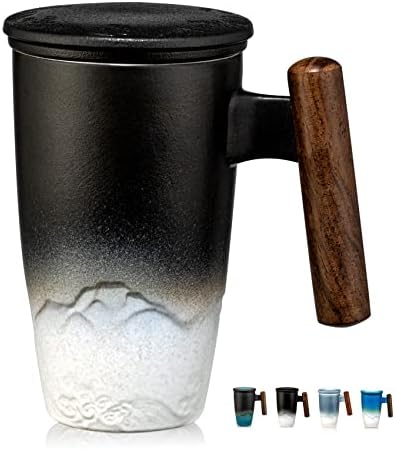 suyika Tomotime Ceramic Tea Cup with Infuser and Lid Tea Mugs Wooden Handle 400ml/13.5oz Black