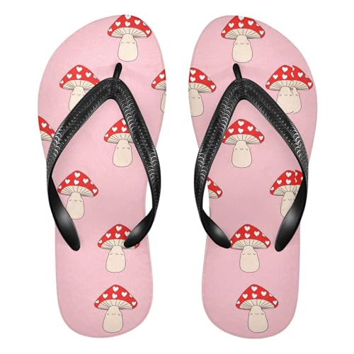 Sinestour Heart Mushroom Pink Flip Flops for Beach Thong Sandals Anti-slip Lightweight Flat Slippers for Summer Swim Travel