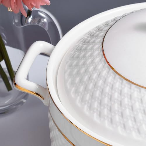 Ceramic White Soup Tureen with Lid Porcelain Serving Tureens for Restaurant Home Kitchen Decoration Ceramic Casserole Dish for Dinner and Party, Microwave and Dishwasher Safe,White,9inch