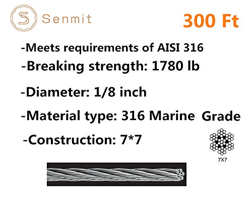 Senmit 1/8 Stainless Steel Aircraft Wire Rope For Deck Cable Railing Kit,7X7 300Feet T316 Marin Grade #TOP1