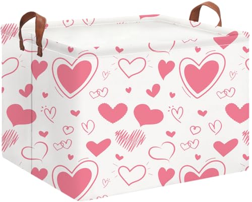Image of Rectangle Pink Gift Basket Empty with for Kids,Pink Valentine Bakset,Cute Organizer Toy Bin,Gift Basket for Girls /Kids(Pink & White Heart)
