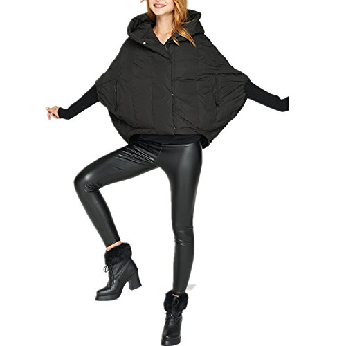 Dreamskull Women Batwing Sleeve Cape Poncho Short Down Coat Hooded Cloak Winter Jacket (F) Black