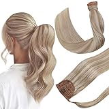 Hetto Ponytail Extension Human Hair #18/613 Ash Blonde Highlighted Bleach Blonde Clip in Ponytail Hair Extensions Remy Wrap Around Ponytail Extensions 14 Inch 70g