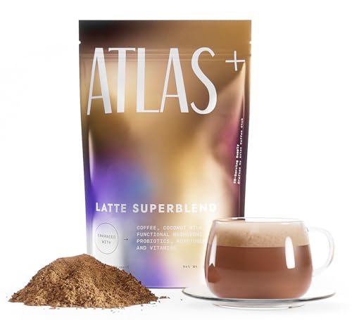 Atlas+ Latte Mushroom Coffee Superblend Premium Coffee with Collagen Probiotics D3 & B12 Lions Mane Reishi Cordyceps Coconut for Energy Focus Immunity & Gut Health 20 Servings (1 Bag)